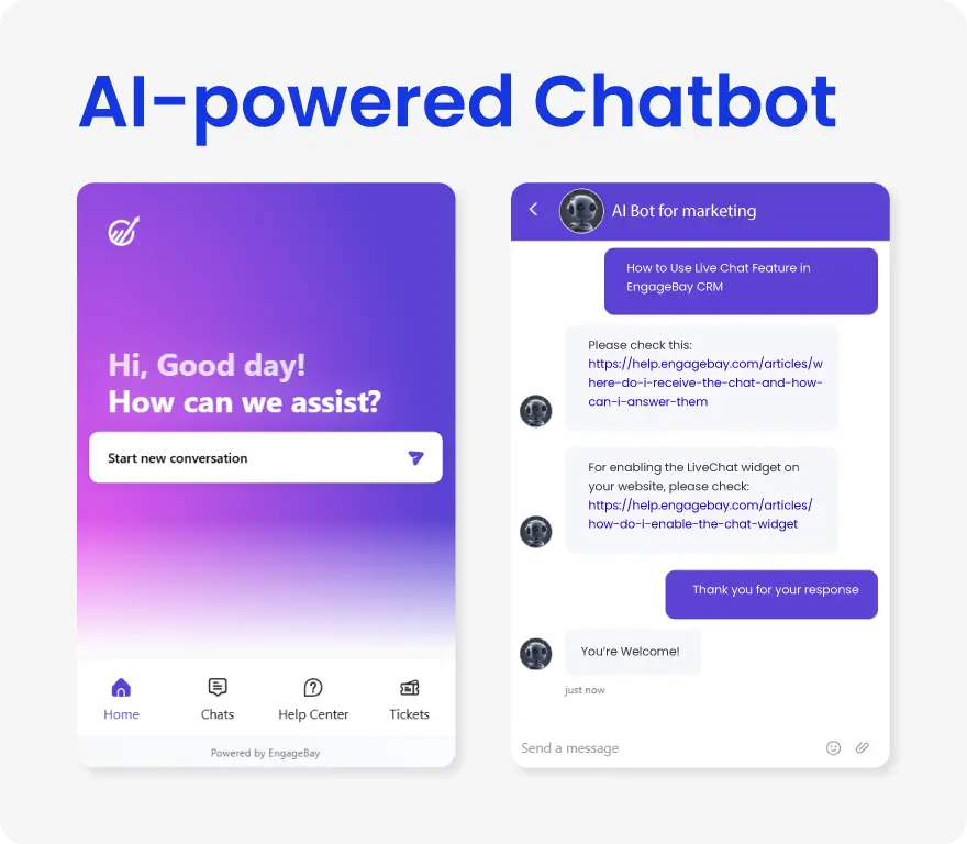 EngageBay AI assistant for customer support automation