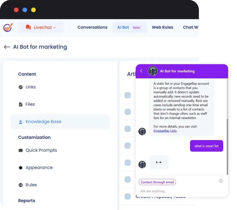 EngageBay AI-powered customer support assistant screenshot
