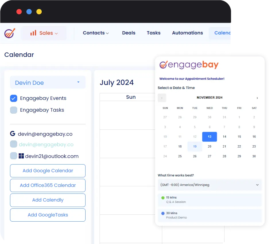 EngageBay meeting scheduler and appointment booking screenshot